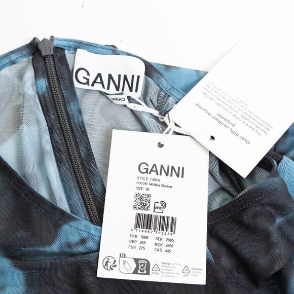 GANNI Blue Printed Mesh O-neck Ruched Long Dress Floral Size 36 - Picture 7 of 14